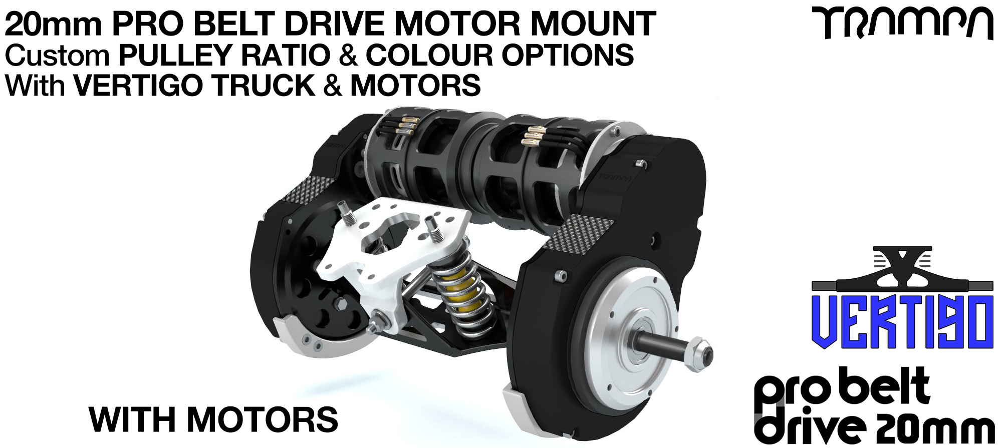 20mm PRO BELT DRIVE Motor Mounts MOTORS, PULLEYS & Motor PROTECTION FILTERS mounted on a CNC VERTIGO TRUCK