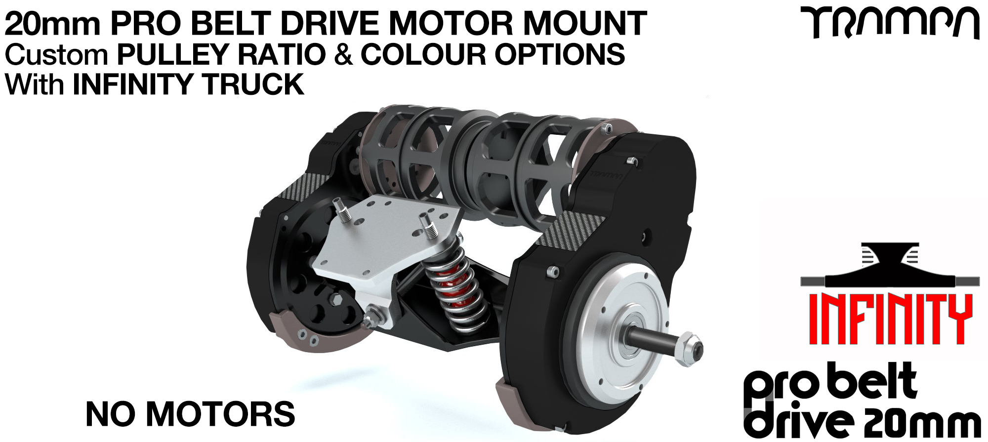 20mm PRO BELT DRIVE Motor Mounts with PULLEYS & FILTERS mounted on a INFINITY Truck - NO Motors