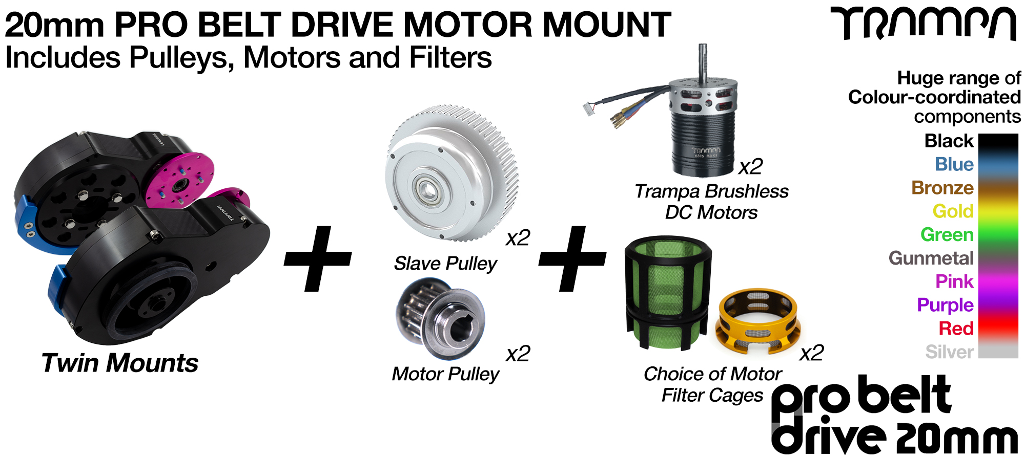 20mm PRO BELT DRIVE Motor Mounts with MOTORS PULLEYS & Motor PROTECTION FILTERS - LOADED