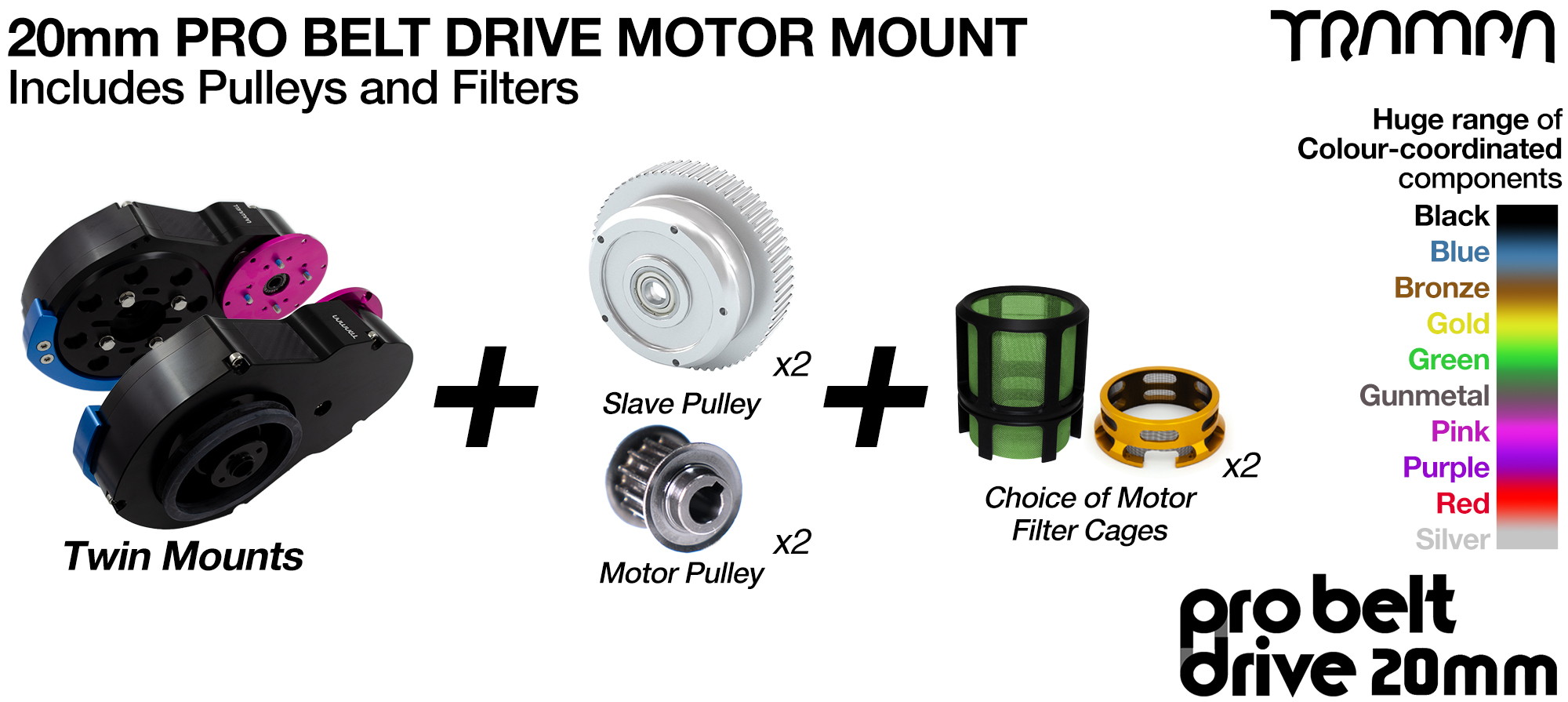 20mm PRO BELT DRIVE Motor Mounts with FILTERS & PULLEYS - NO Motors
