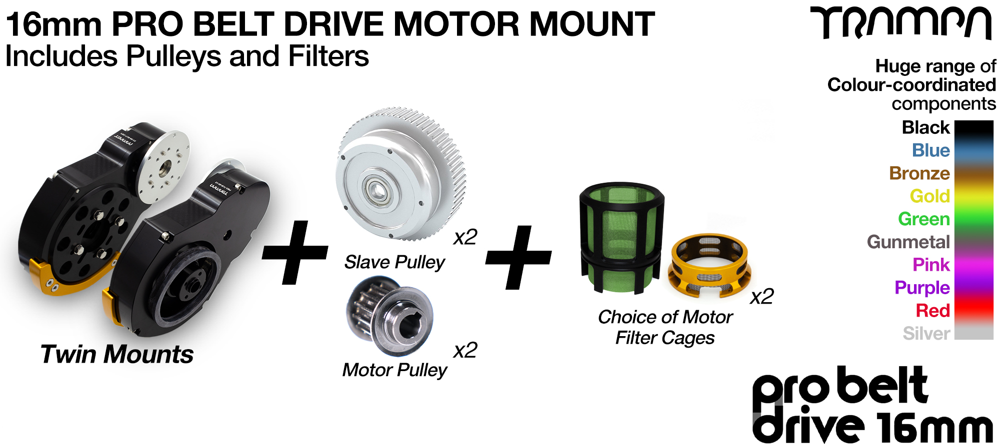 16mm PRO BELT DRIVE Motor Mounts with FILTERS & PULLEYS - NO Motors