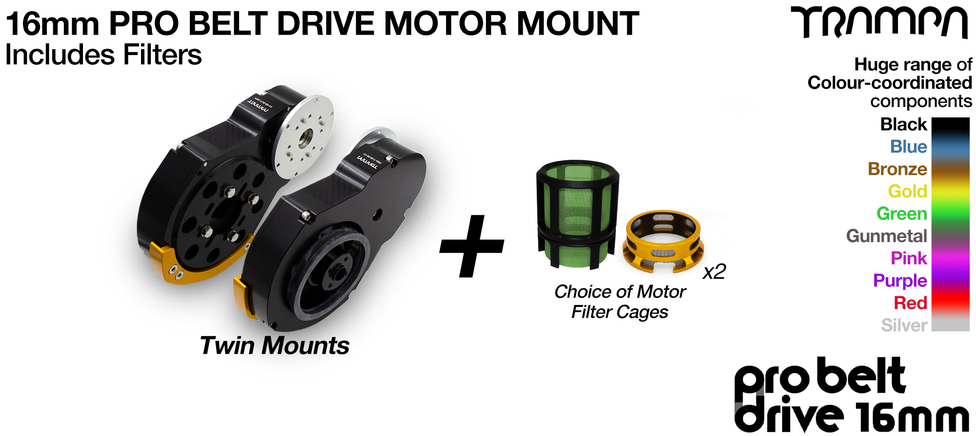 16mm PRO BELT DRIVE Motor Mounts with FILTERS - NO Pulleys & NO Motors