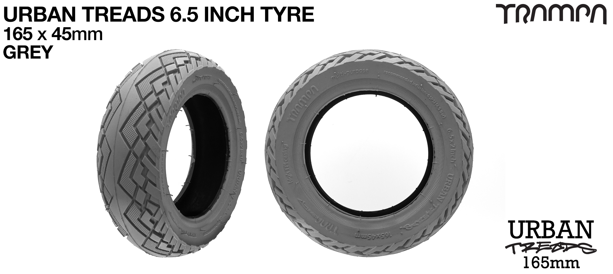 URBAN TREADS 6 Inch Tyre measures 3.75x 1.75x 6.5 Inch or 165x 45mm with 3.75 inch Rim & fits all 3.75 inch Hubs - DARK GREY  