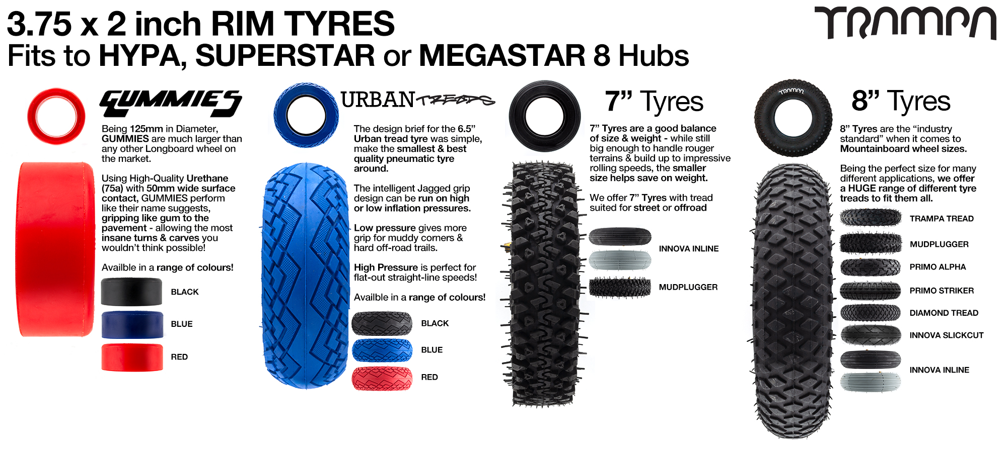 Tyre options for 3.75 x 2 Inch Rims - 5 Inch GUMMIES, 6 Inch URBANS. 7 Inch Pneumatics & All 8 inch Pneumatics