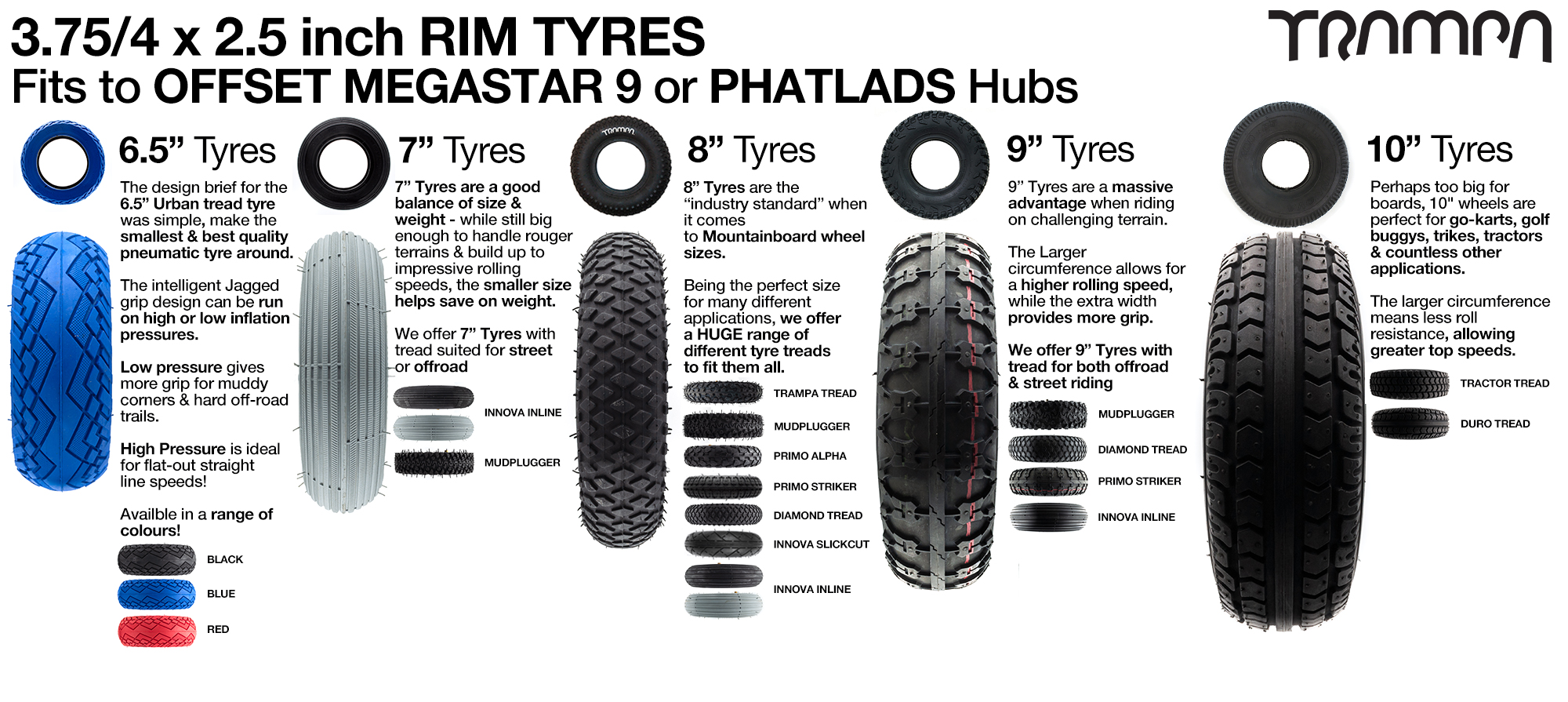 TRAMPA Tyre options for 3.75/4 x 2.5 Inch Rims includes 6 Inch URBANS, 7 Inch Tyres, All 8 inch Tyres, All 9 Inch tyres & all 10 Inch Tyres