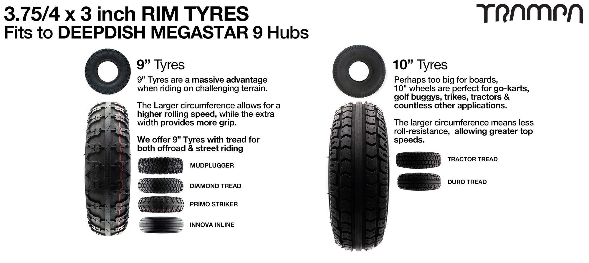 TRAMPA Tyre options for 3.75/4 x 3 Inch Rims includes All 9 Inch tyres & all 10 Inch Tyres TRAMPA offers