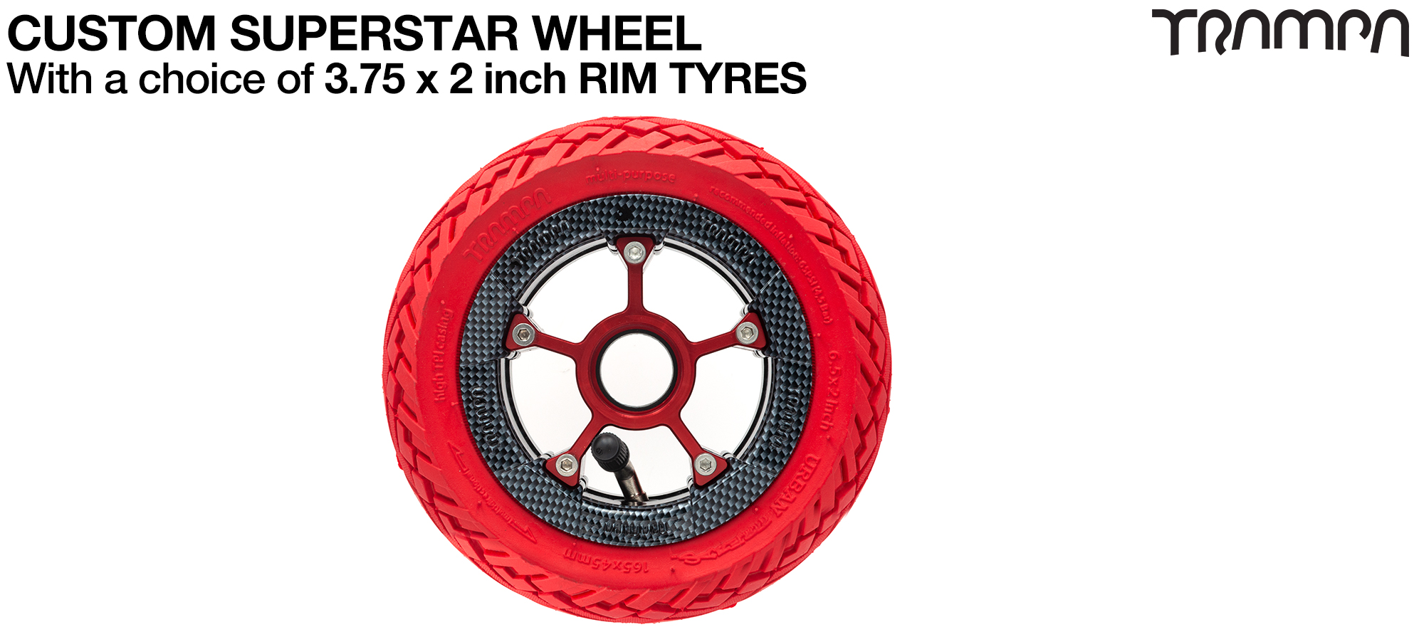 SUPERSTAR WHEEL showing with 6 Inch URBAN Tyre 3.75 x 2 Inch! Build the SUPERSTAR wheel of your dreams!! Any combination possible up to 8 inch Tyres 
