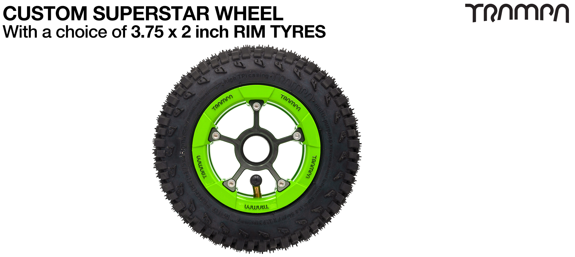 SUPERSTAR WHEEL showing with 7 Inch MUD-PLUGGER Tyre 3.75 x 2 Inch! Build the SUPERSTAR wheel of your dreams!! Any combination possible up to 8 inch Tyres 