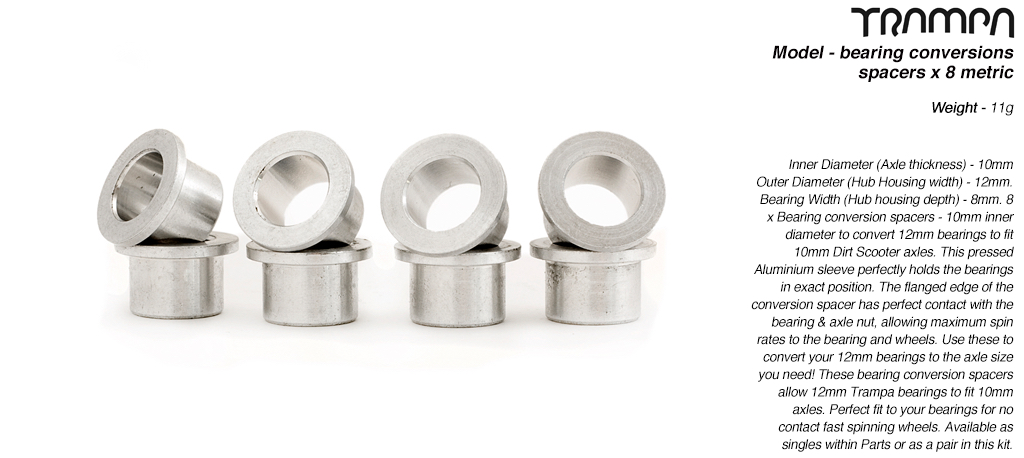 Bearing conversion spacers - fits 12mm Bearings to 10mm Scooter Axles x 8