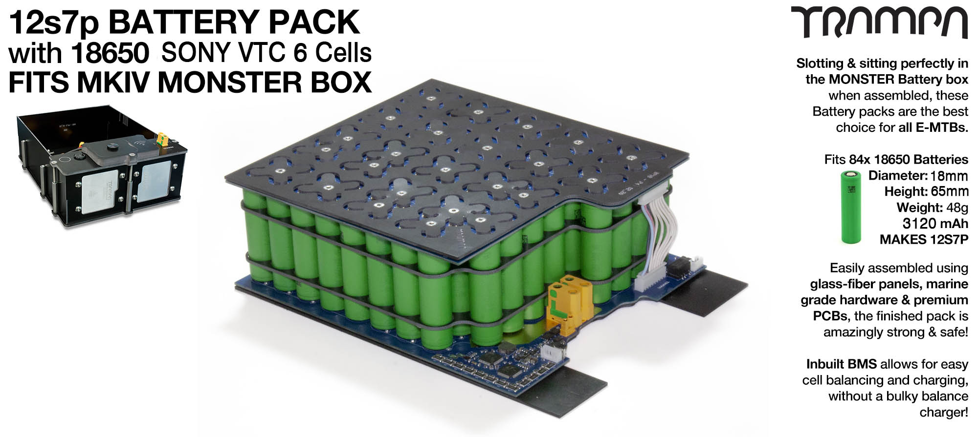 18650 PCB Pack with BMS (To power 2x VESC6) & 84 x 18650 cells to give 21A of Range - Requires MKIV Classic MONSTER box onwards to fit - UK CUSTOMERS ONLY