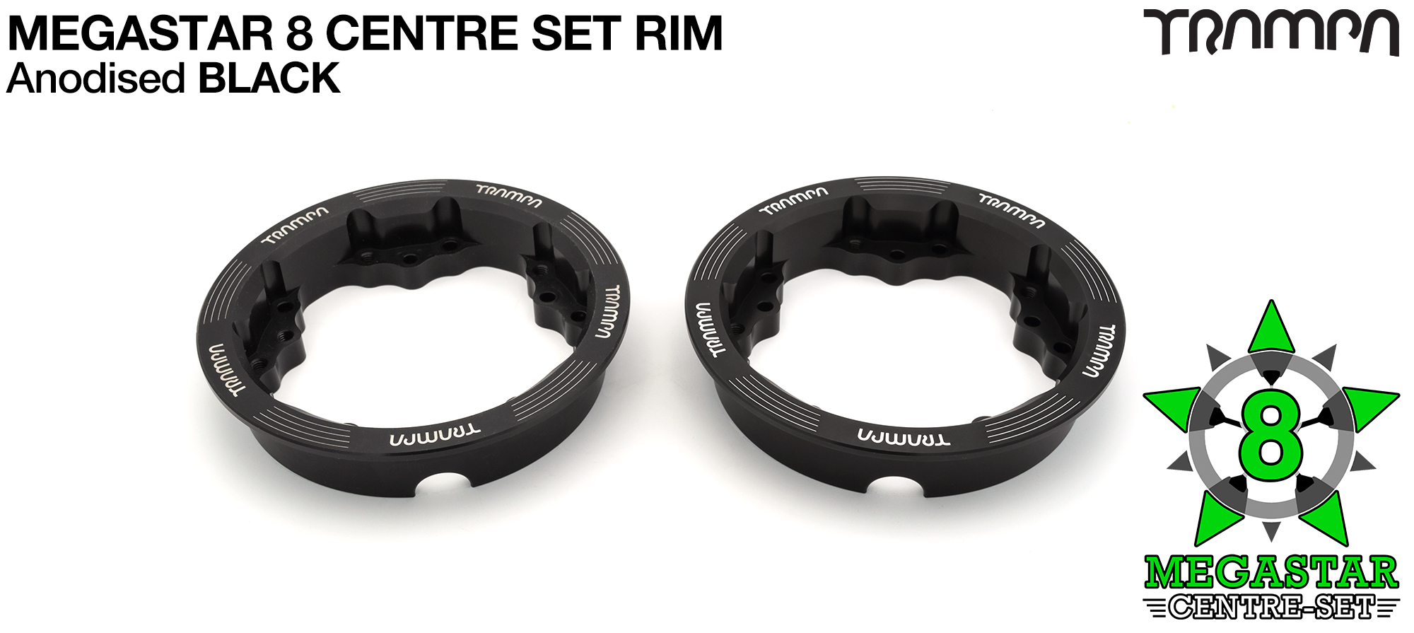 MEGASTAR 8 Centre-Set Rims Measure 3.75 x 2 Inch & accept all 3.75 Rim Tyres - Set of 4 BLACK