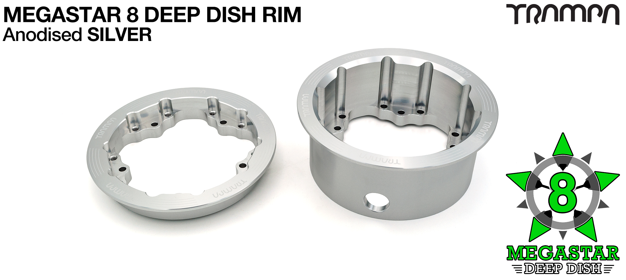 MEGASTAR 8 DEEP-DISH Rims Measure 3.75 x 2.5 Inch. The bearings are positioned OFF-SET widening the wheel base & accept all 3.75 Rim Tyres - SILVER
