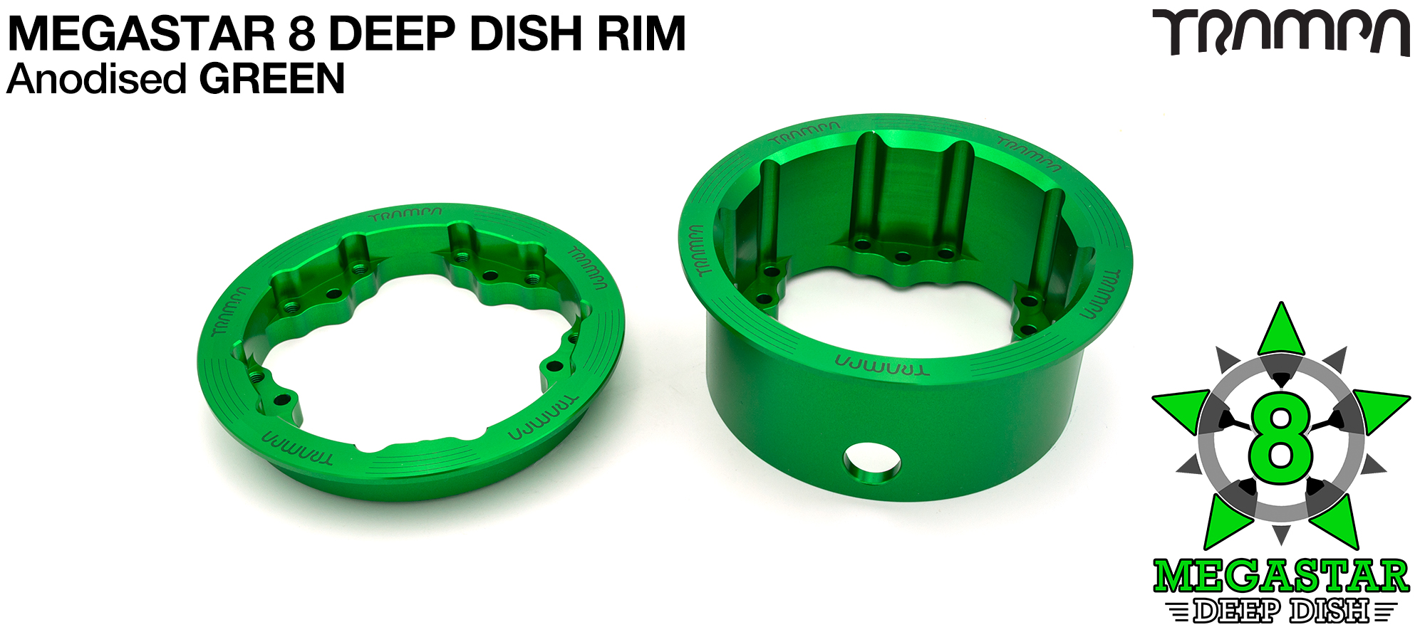 MEGASTAR 8 DEEP-DISH Rims Measure 3.75 x 2.5 Inch. The bearings are positioned OFF-SET widening the wheel base & accept all 3.75 Rim Tyres - GREEN 
