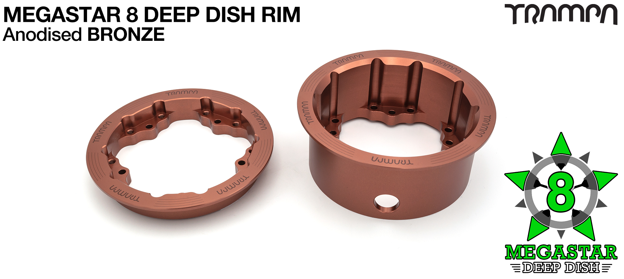MEGASTAR 8 DEEP-DISH Rims Measure 3.75 x 2.5 Inch. The bearings are positioned OFF-SET widening the wheel base & accept all 3.75 Rim Tyres - BRONZE