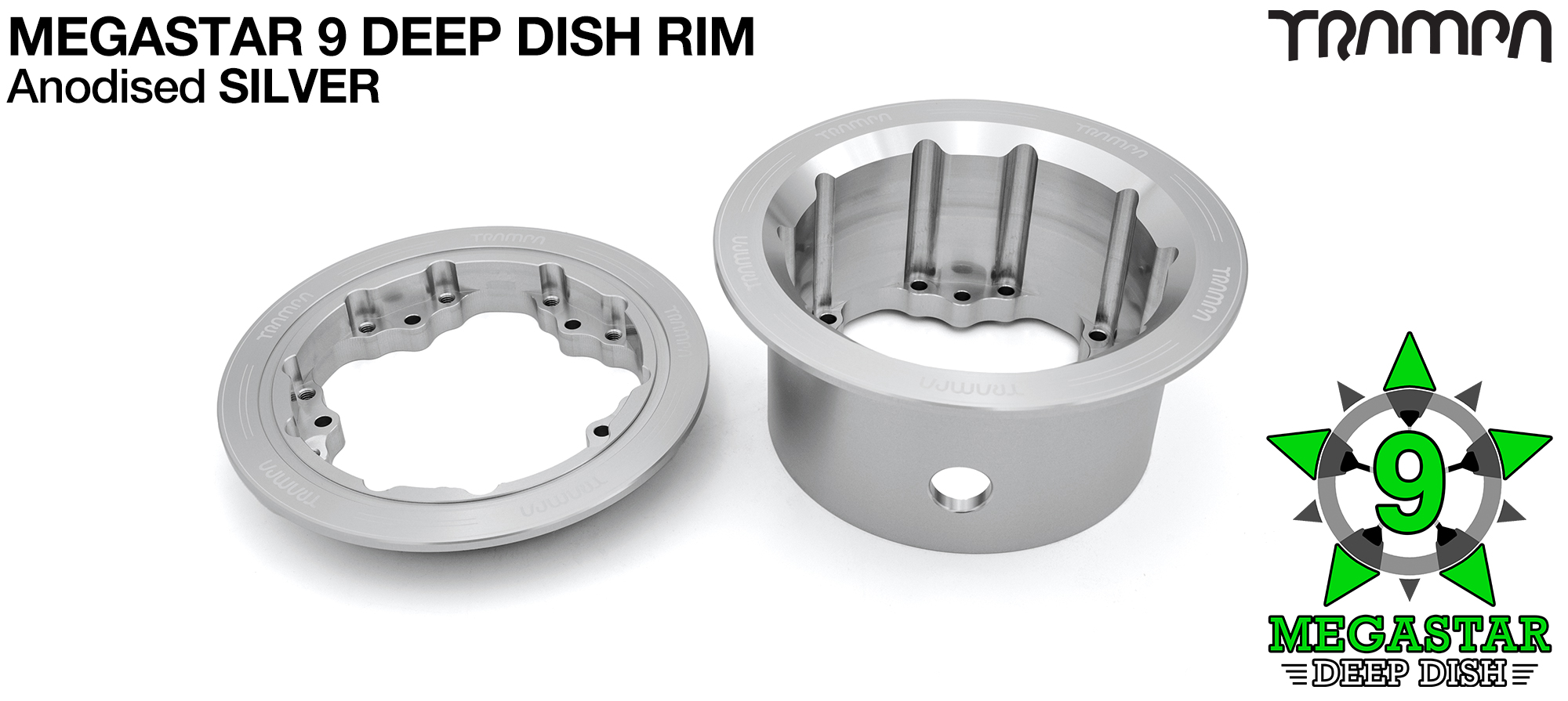 MEGASTAR 9 DEEP-DISH Rims Measure 3.75/4x 3 Inch. The Bearings are positioned OFF-SET & accept 4 Inch Rim Tyres to make 9 or 10 inch Wheels - SILVER