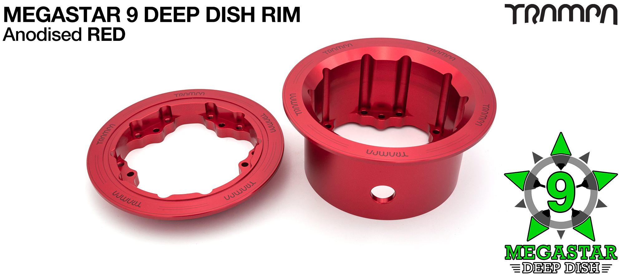MEGASTAR 9 DEEP-DISH Rims Measure 3.75/4x 3 Inch. The Bearings are positioned OFF-SET & accept 4 Inch Rim Tyres to make 9 or 10 inch Wheels - RED