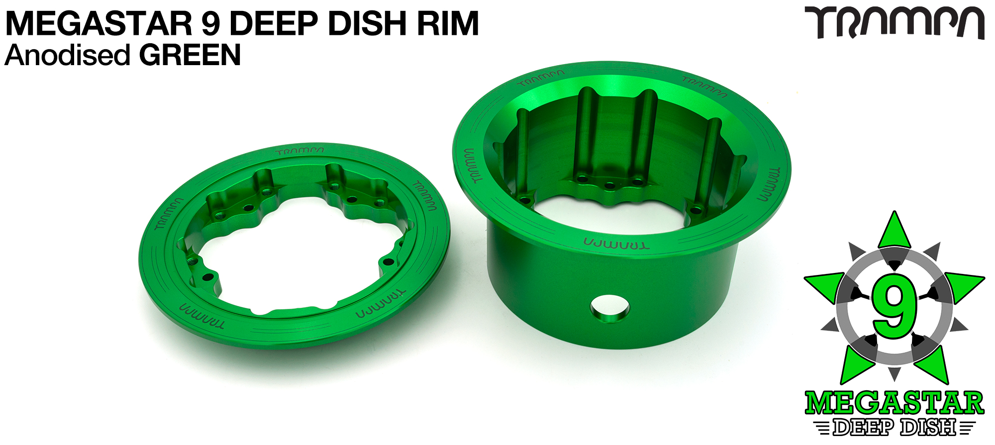 MEGASTAR 9 DEEP-DISH Rims Measure 3.75/4x 3 Inch. The Bearings are positioned OFF-SET & accept 4 Inch Rim Tyres to make 9 or 10 inch Wheels - GREEN