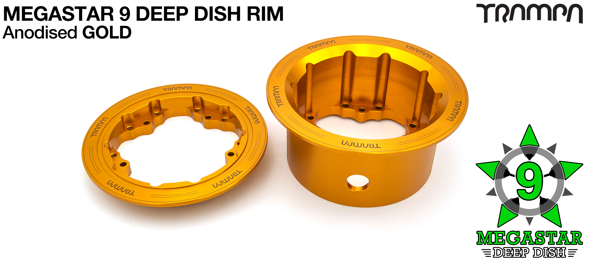 MEGASTAR 9 DEEP-DISH Rims Measure 3.75/4x 3 Inch. The Bearings are positioned OFF-SET & accept 4 Inch Rim Tyres to make 9 or 10 inch Wheels - GOLD