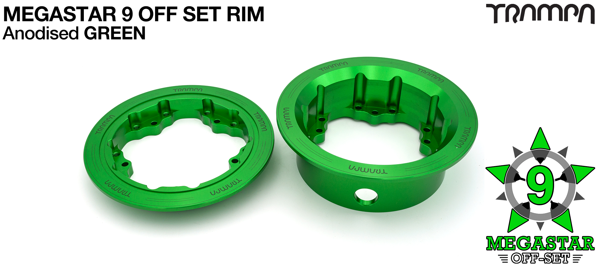 MEGASTAR 9 Rims Measure 3.75/4x 2.5 Inch & the bearings are positioned OFF-SET & accept 3.75 & 4 Inch Rim Tyres - GREEN