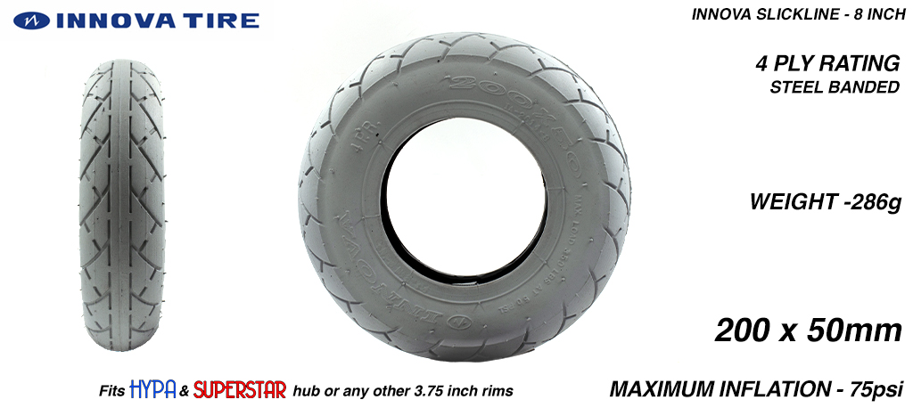 SLICK CUT 8 inch Tyre measure 3.75x 2x 8 Inch or 200x50mm with 3.75 inch Rim fits all 3.75 inch Hubs KEVLAR Banded - GREY