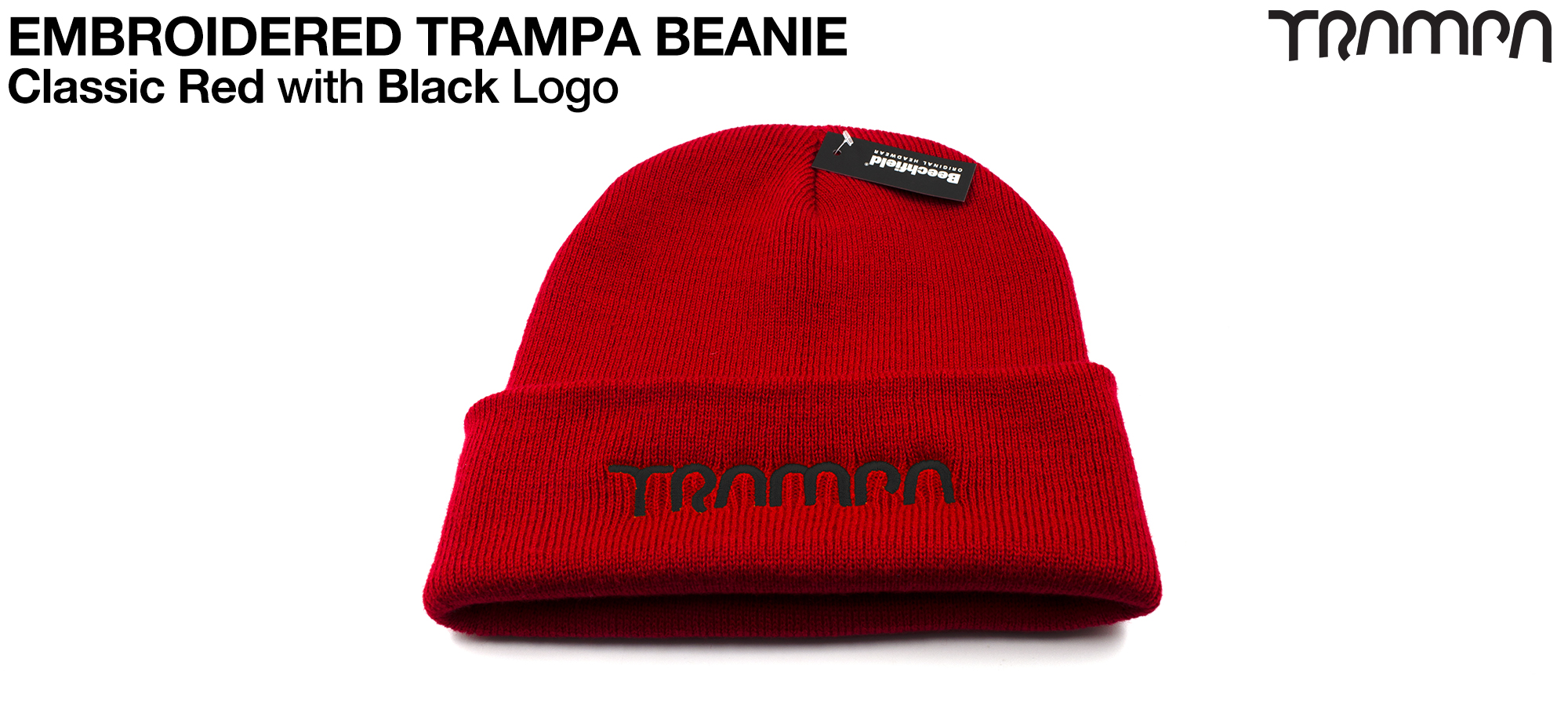 Classic RED Woolly hat with BLACK embroidered TRAMPA logo - Double thick turn over for extra warmth