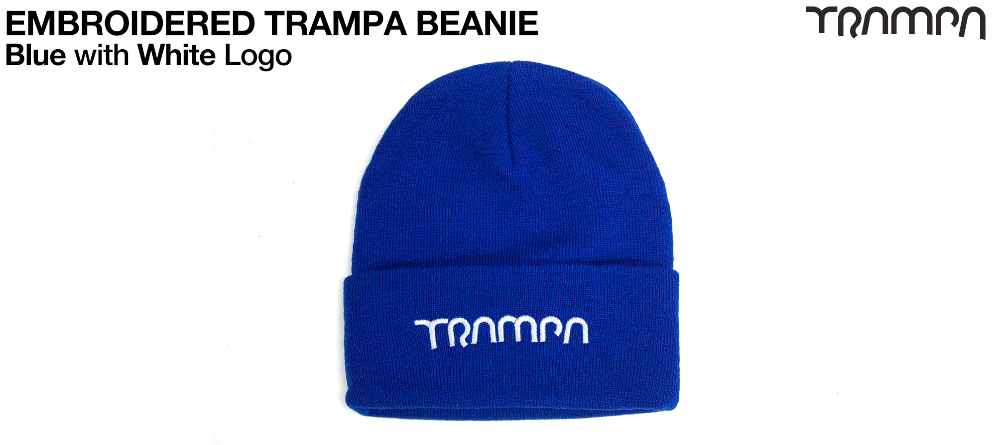 Dark BLUE Woolly Hat with WHITE/SILVER TRAMPA Embroidery - Double thick turn over for extra warmth