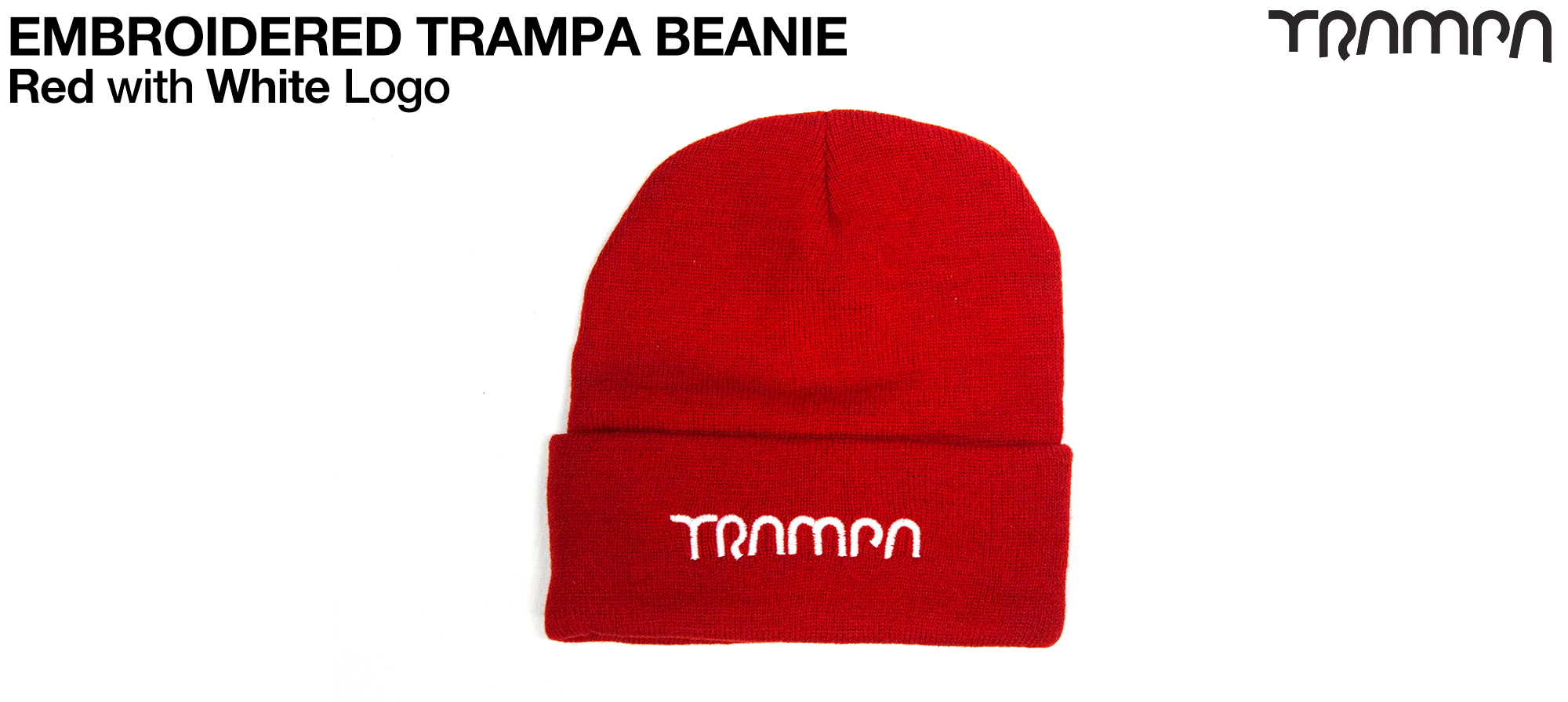 RED Woolly Hat with WHITE/SILVER TRAMPA Embroidery - Double thick turn over for extra warmth