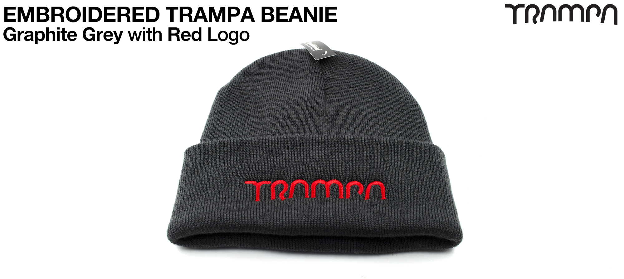 Graphite GREY Woolly hat with Electric Red TRAMPA logo