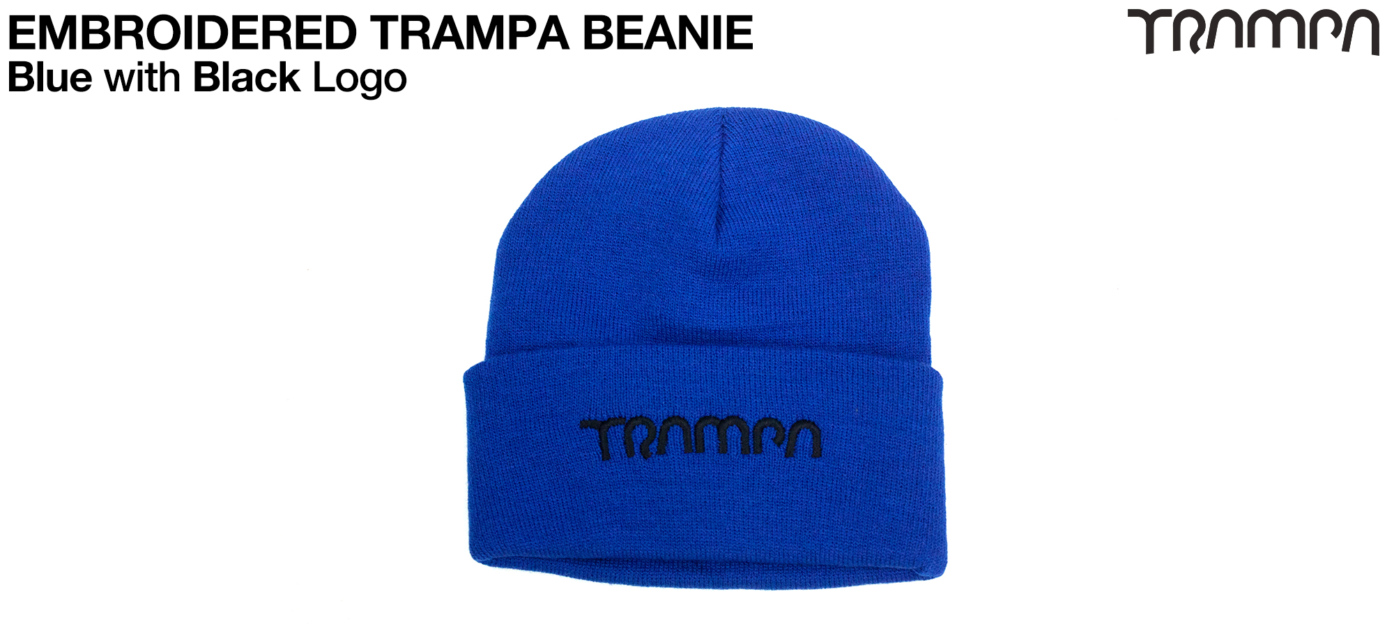 OXFORD BLUE Beanie with BLACK TRAMPA Embroidery - Double thick turn over for extra warmth