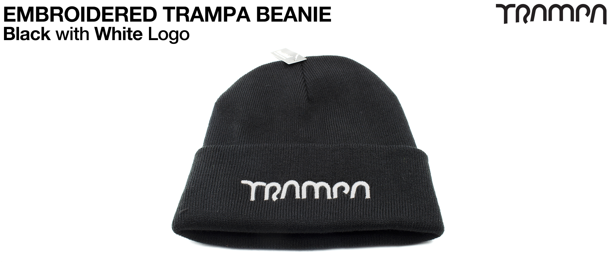 BLACK Woolie hat with WHITE TRAMPA logo - Double thick turn over for extra warmth