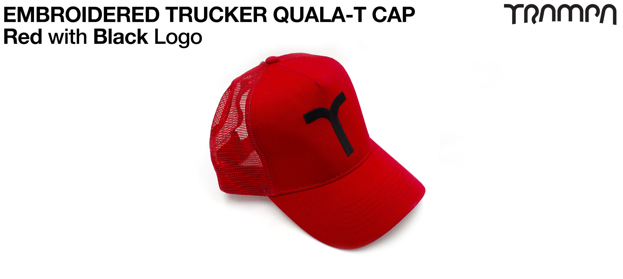 Trucker Cap with Rounded Brim in RED With BLACK QUALA T Embroidered on Front