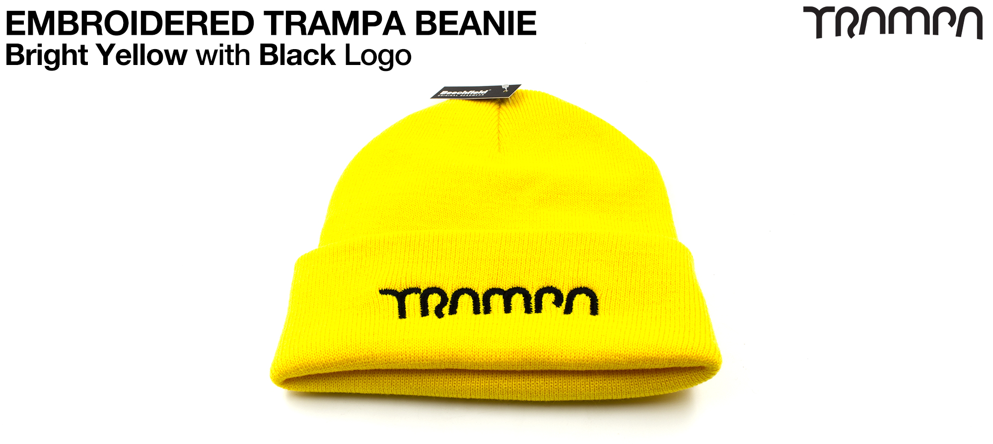 Bright YELLOW Woolly hat with BLACK Embroidered TRAMPA logo - Double thick turn over for extra warmth