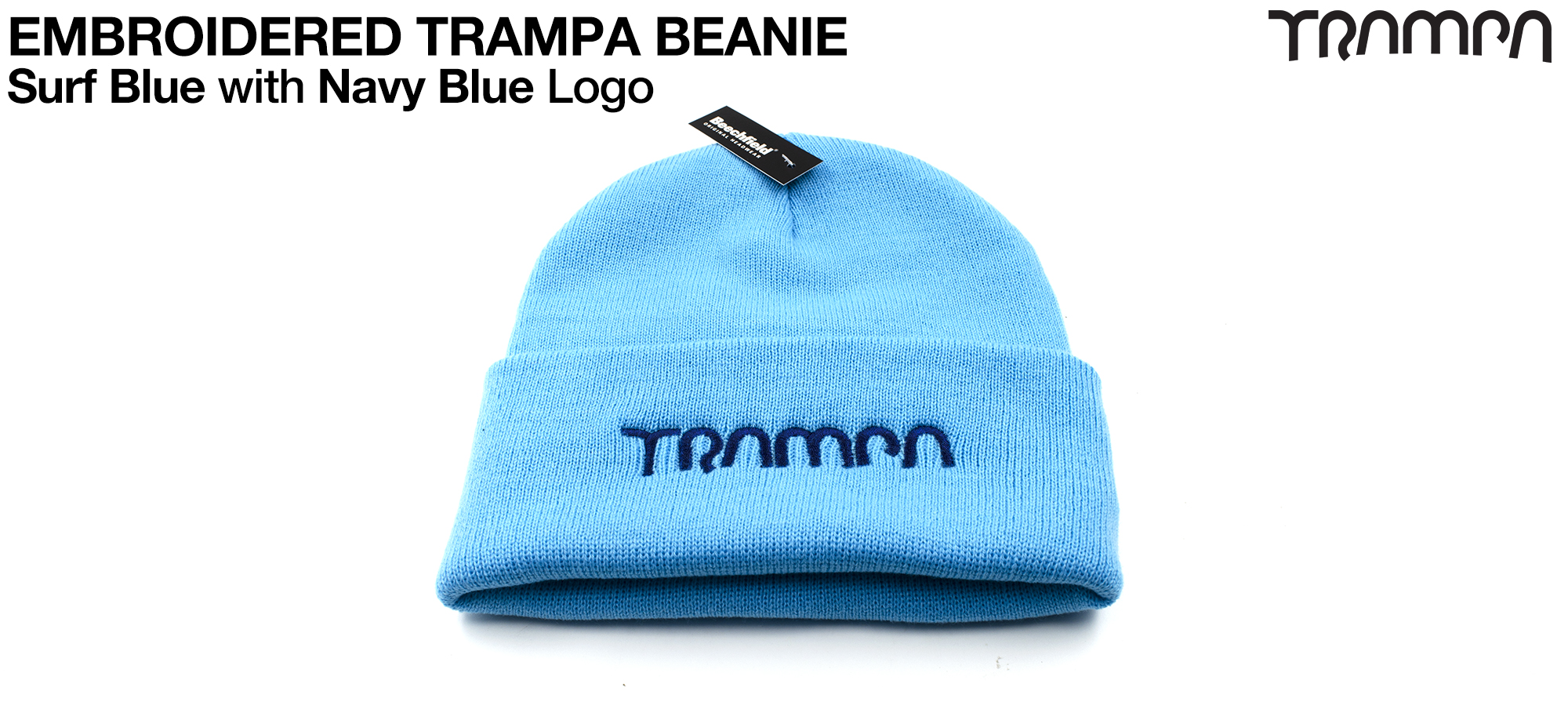 SURF BLUE Woolly Hat with NAVY BLUE TRAMPA Embroidery - Double thick turn over for extra warmth