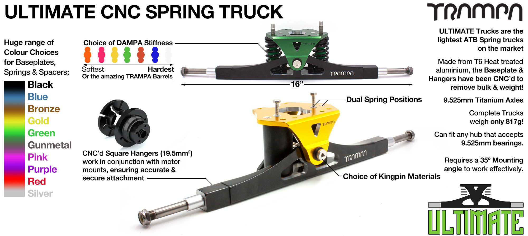 Precision CNC ULTIMATE ATB TRUCK with CNC Motor Mount fixing points & TRAMPA Baseplate, TITANIUM Axles & Kingpin
