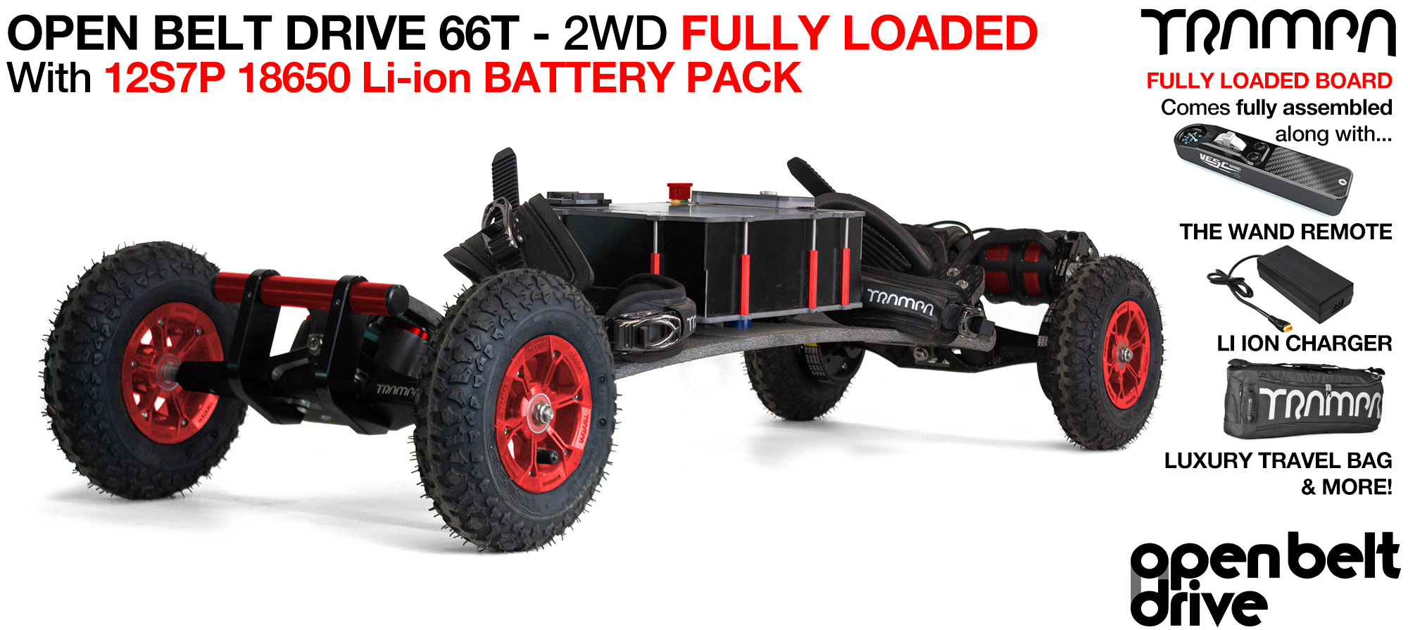 66T OPEN BELT DRIVE TRAMPA Electric Mountainboard with 8 Inch Wheels & 66 Tooth Pulleys