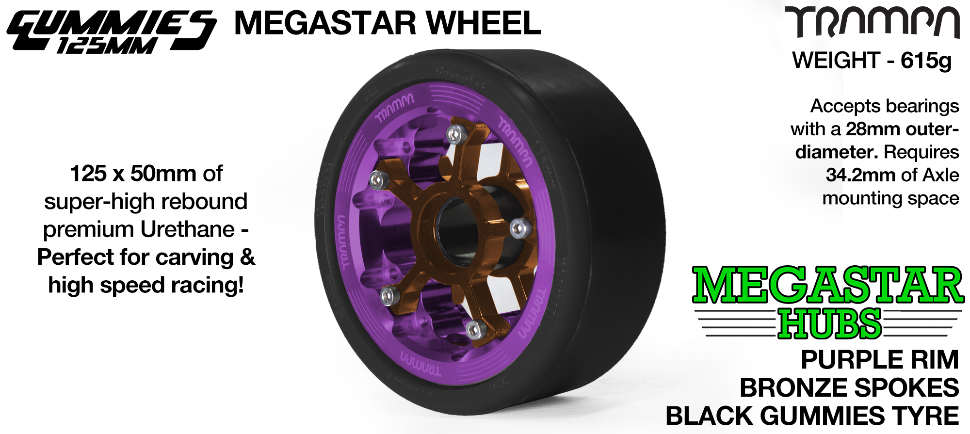 PURPLE OFF-SET MEGASTAR 8 Rim with BRONZE Spokes & BLACK Gummies - The Ulrimate Longboard Wheel