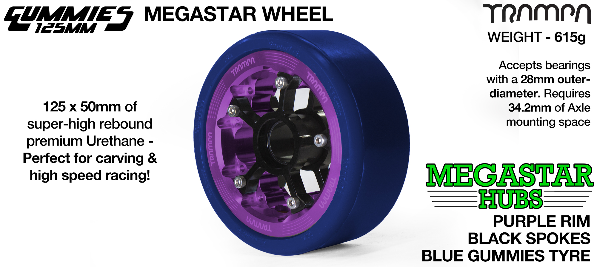 PURPLE OFF-SET MEGASTAR 8 Rim with BLACK Spokes & BLUE Gummies  - The Ulrimate Longboard Wheel 