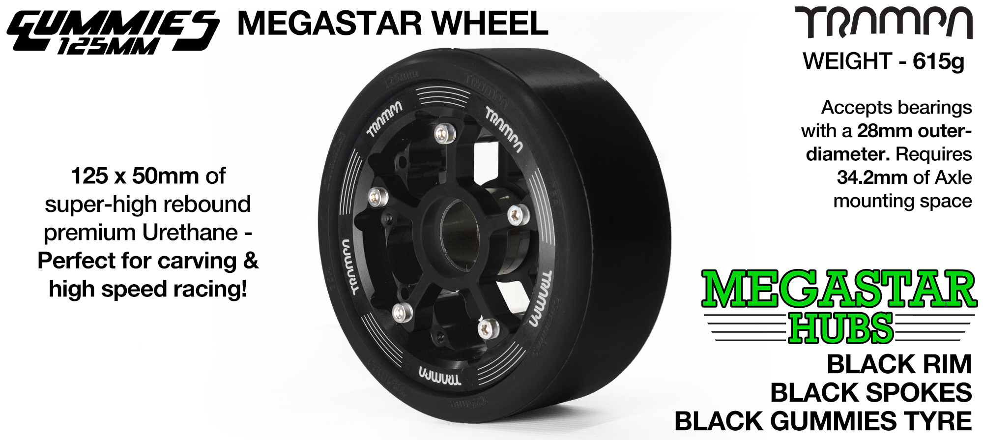 BLACK OFF-SET MEGASTAR 8 Rim with BLACK Spokes with BLACK Gummies - The Ultimate Longboard Wheel