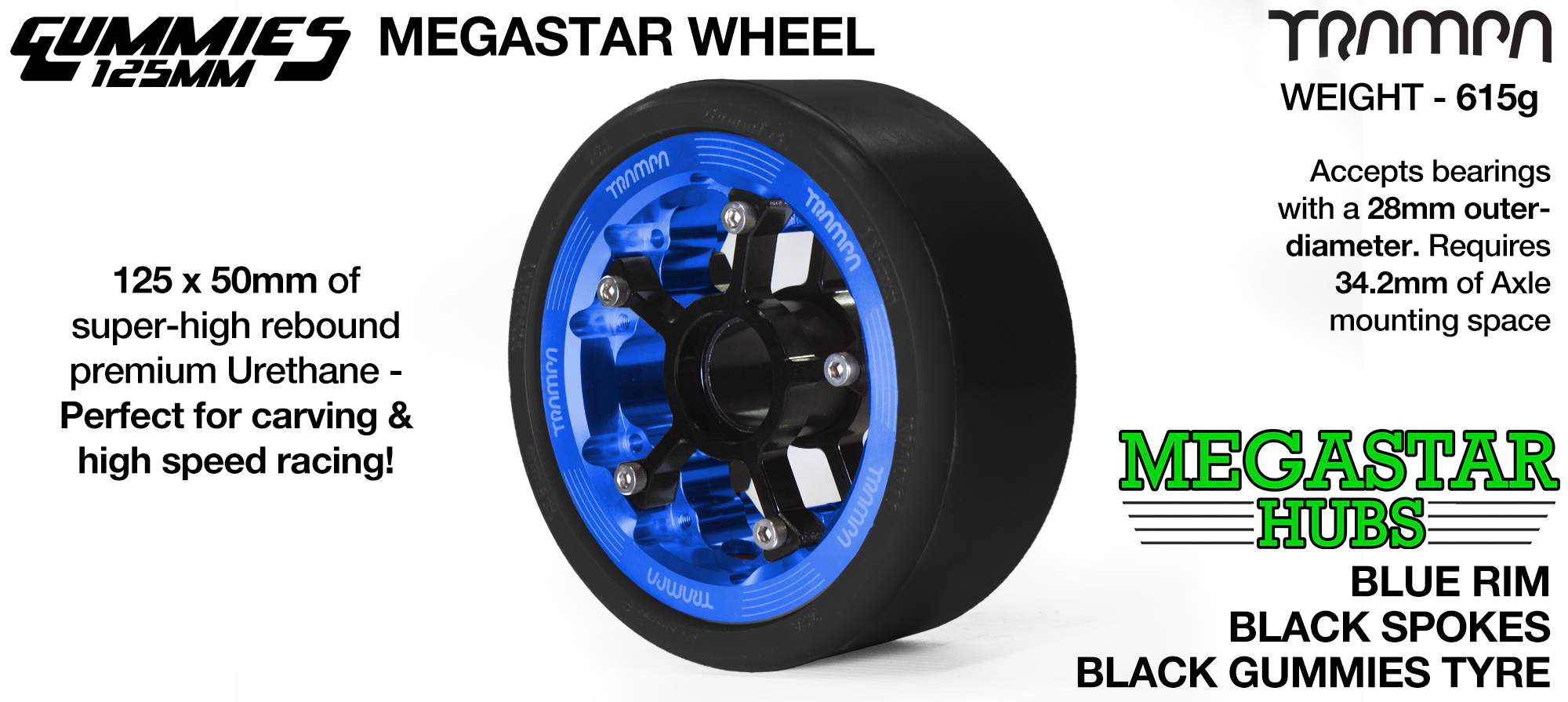 BLUE OFF-SET MEGASTAR 8 Rim with BLACK Spokes with BLACK Gummies   - The Ultimate Longboard Wheel 