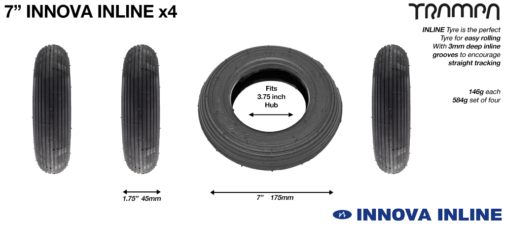 7 Inch INLINE Tyre - BLACK or GREY 3.75x 2x 7 - Set of 4 