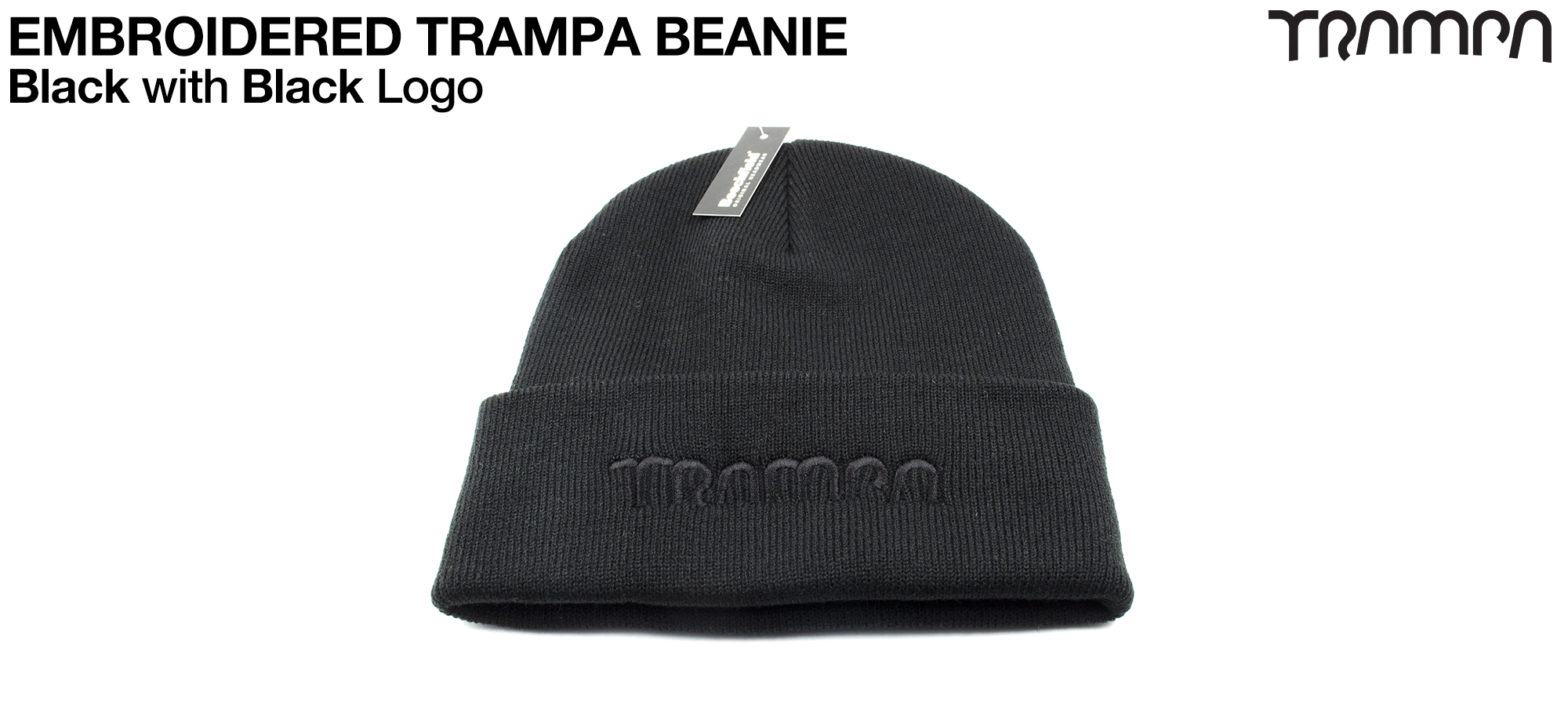 BLACK Beanie with BLACK TRAMPA logo - Double thick turn over for extra warmth
