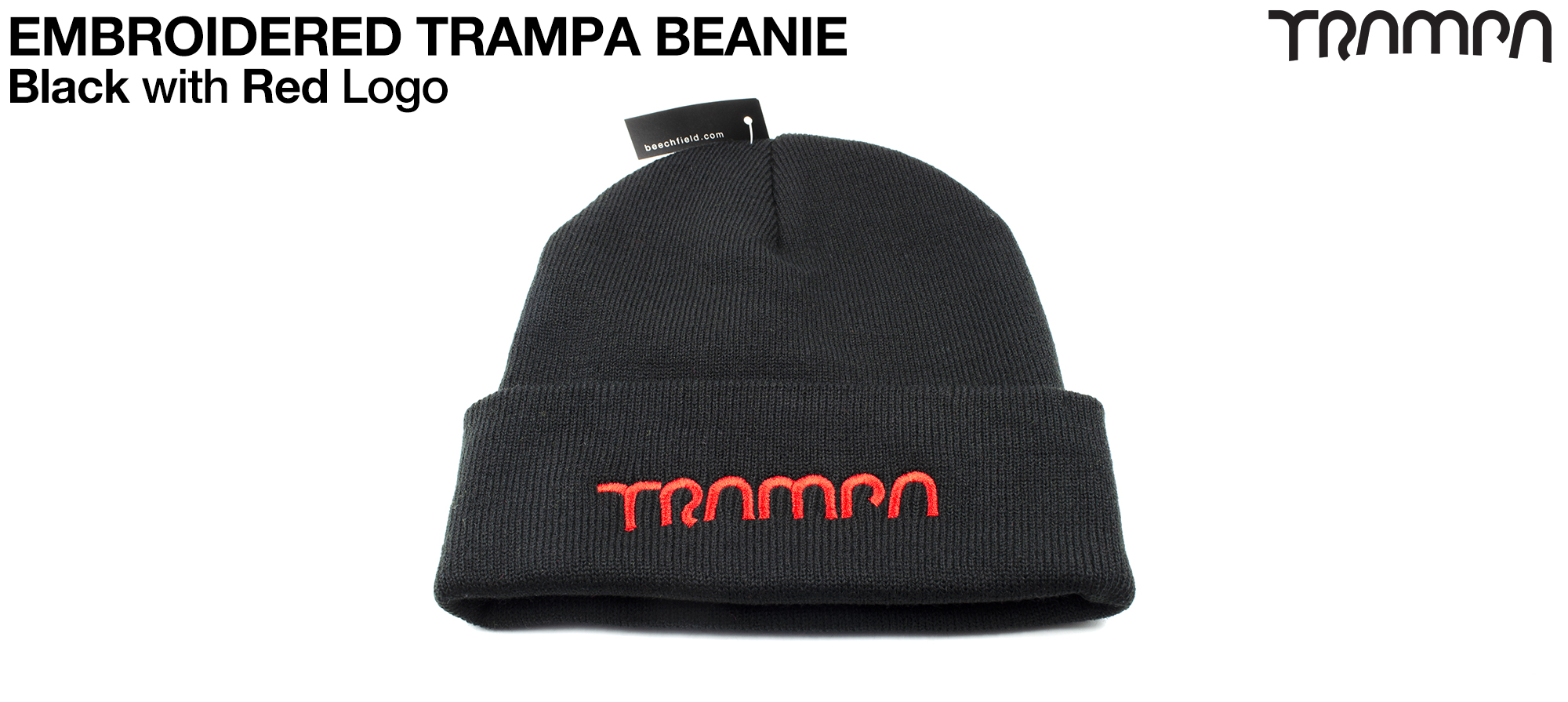 BLACK Beanie with RED TRAMPA logo  - Double thick turn over for extra warmth 