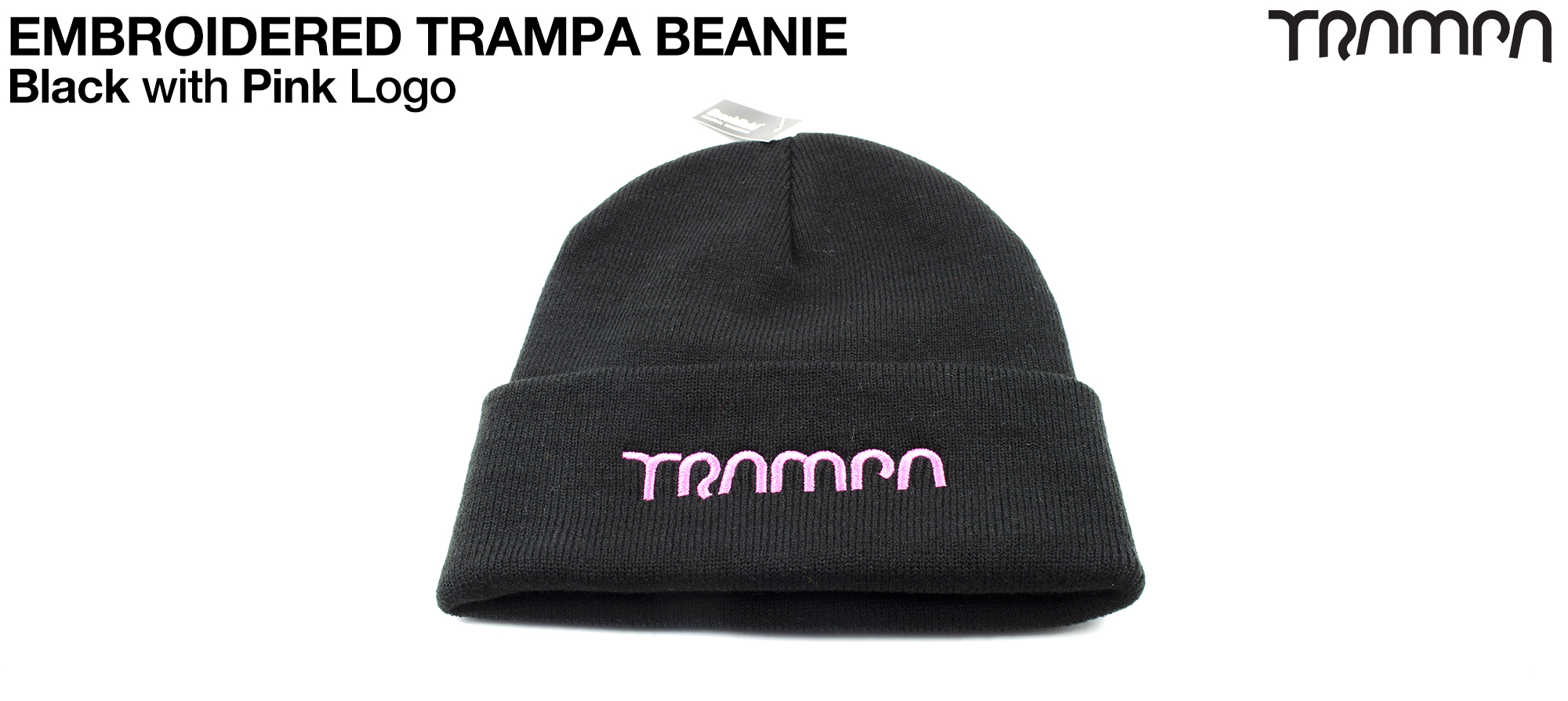 BLACK Beanie with PINK TRAMPA logo  - Double thick turn over for extra warmth 