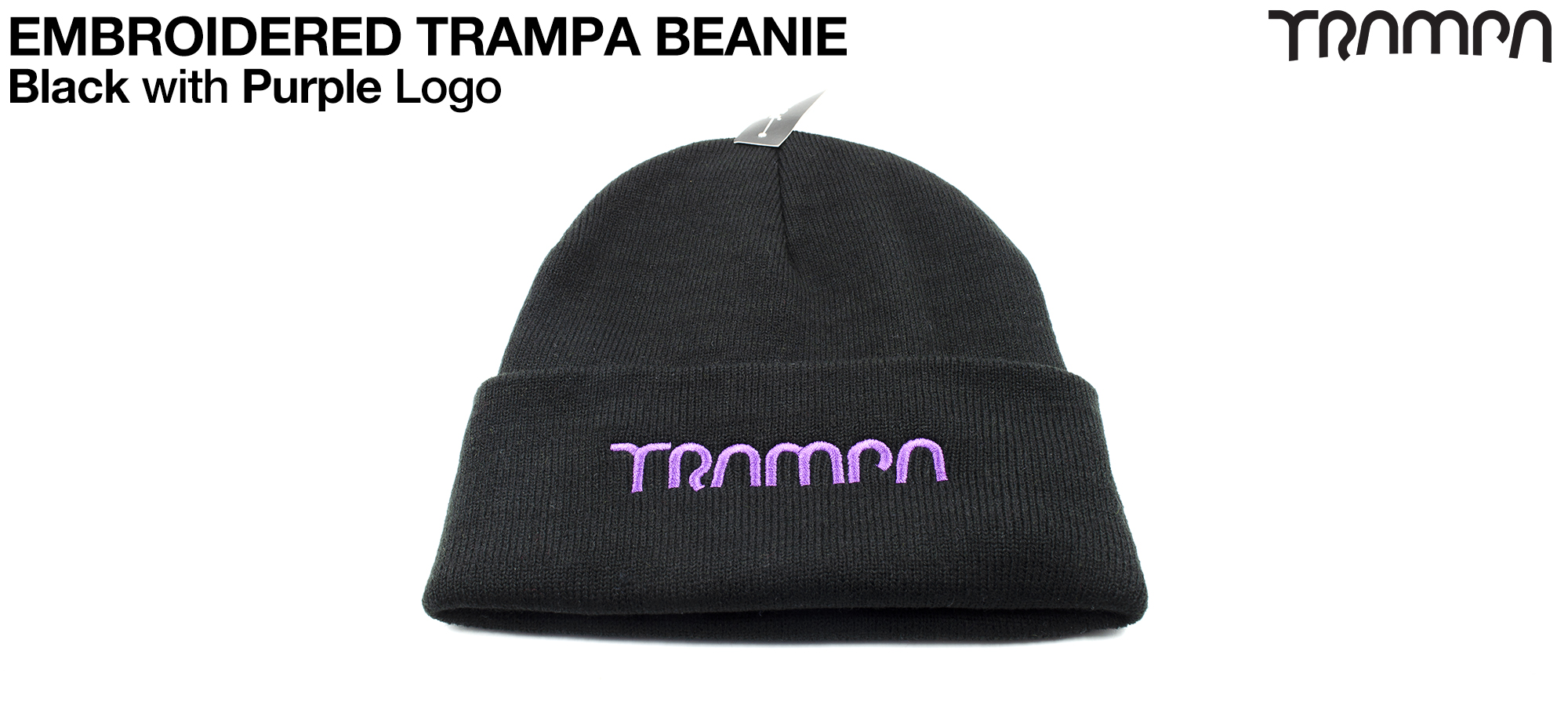 BLACK Woolie hat with PURPLE TRAMPA logo  - Double thick turn over for extra warmth 