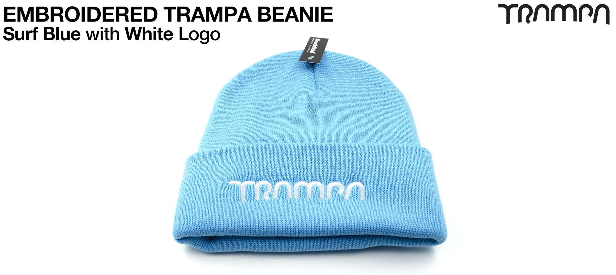 SURF BLUE Woolly Hat with WHITE BLUE TRAMPA Embroidery - Double thick turn over for extra warmth 