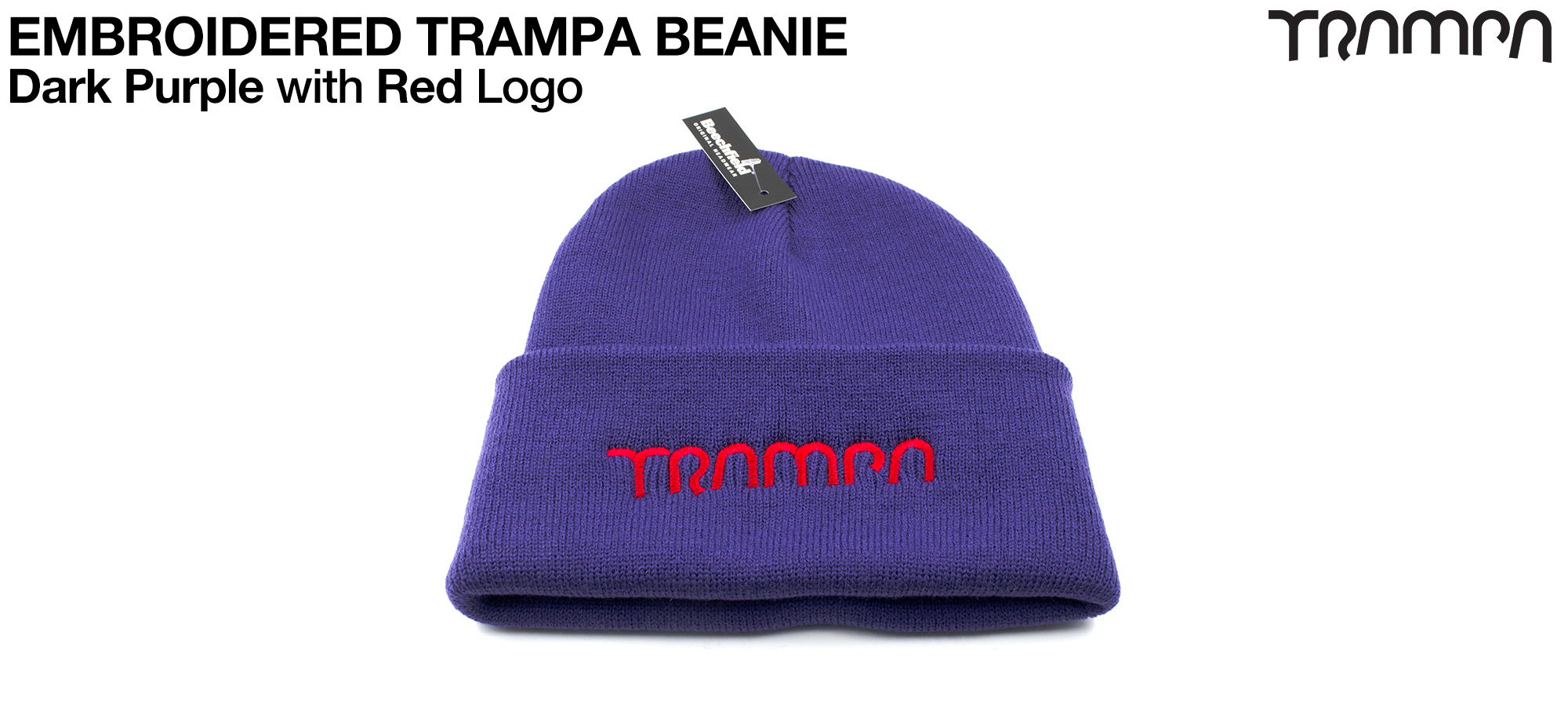 PURPLE Woolly hat with Vivid ELECTRIC RED TRAMPA logo