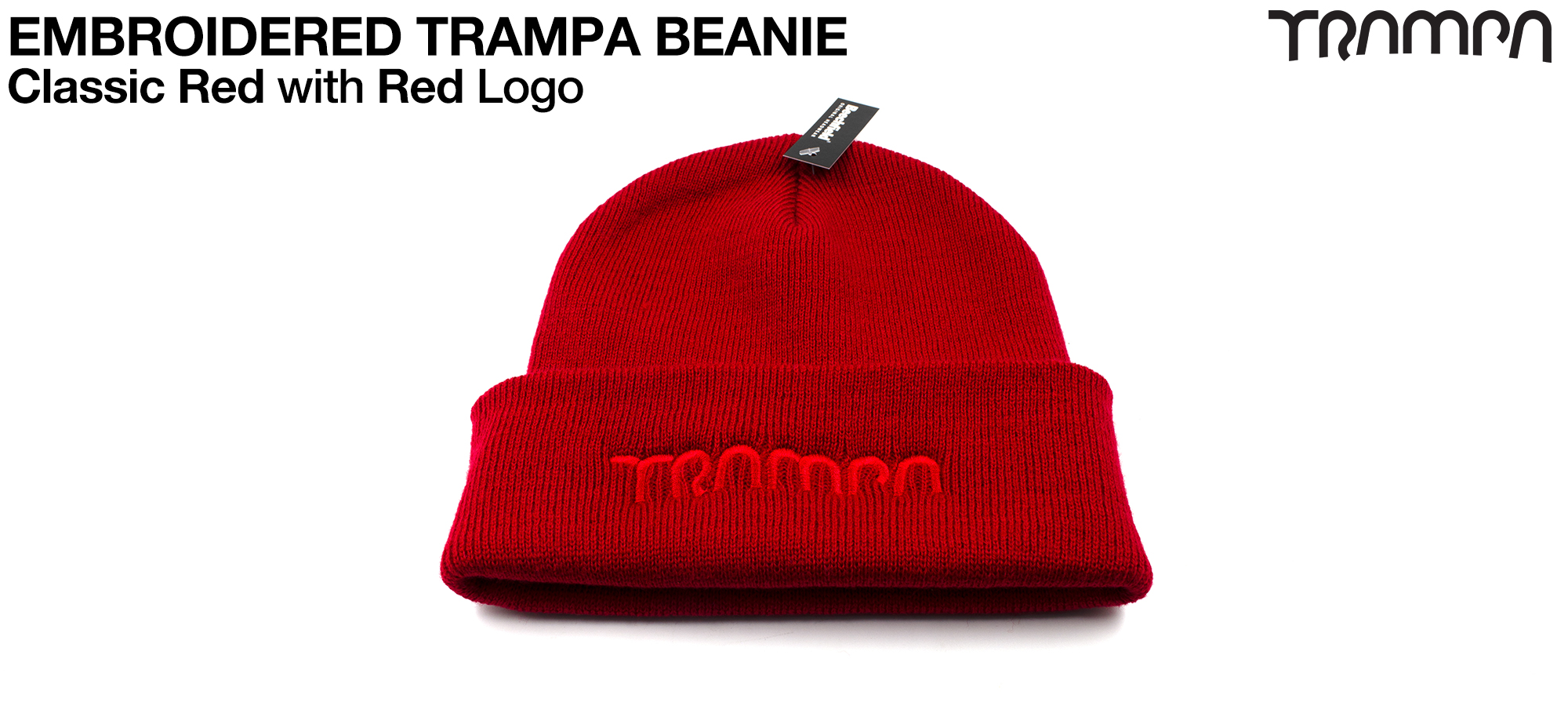 Classic RED Woolly hat with Electric RED embroidered TRAMPA logo - Double thick turn over for extra warmth