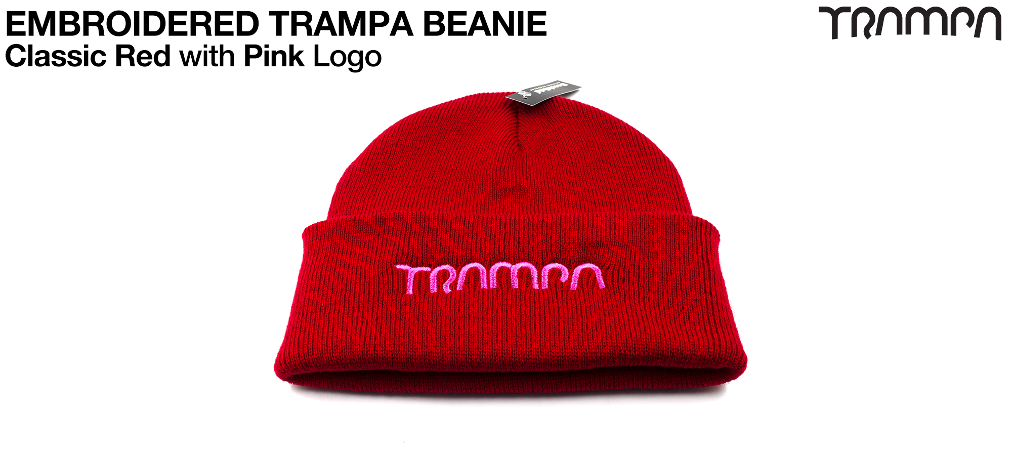 Classic RED Woolly hat with SHOCKING PINK embroidered TRAMPA logo  - Double thick turn over for extra warmth 