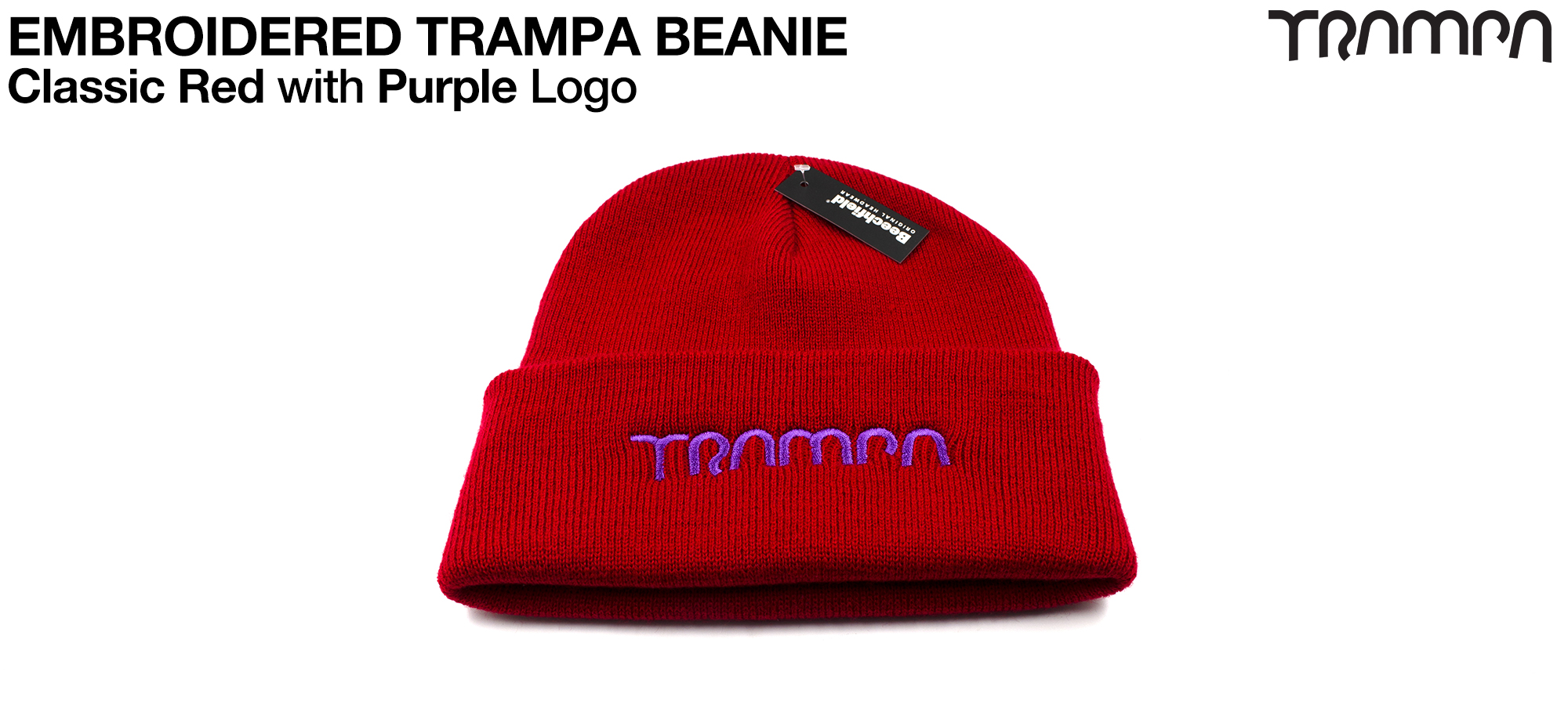 Classic RED Woolly hat with Electric PURPLE embroidered TRAMPA logo - Double thick turn over for extra warmth