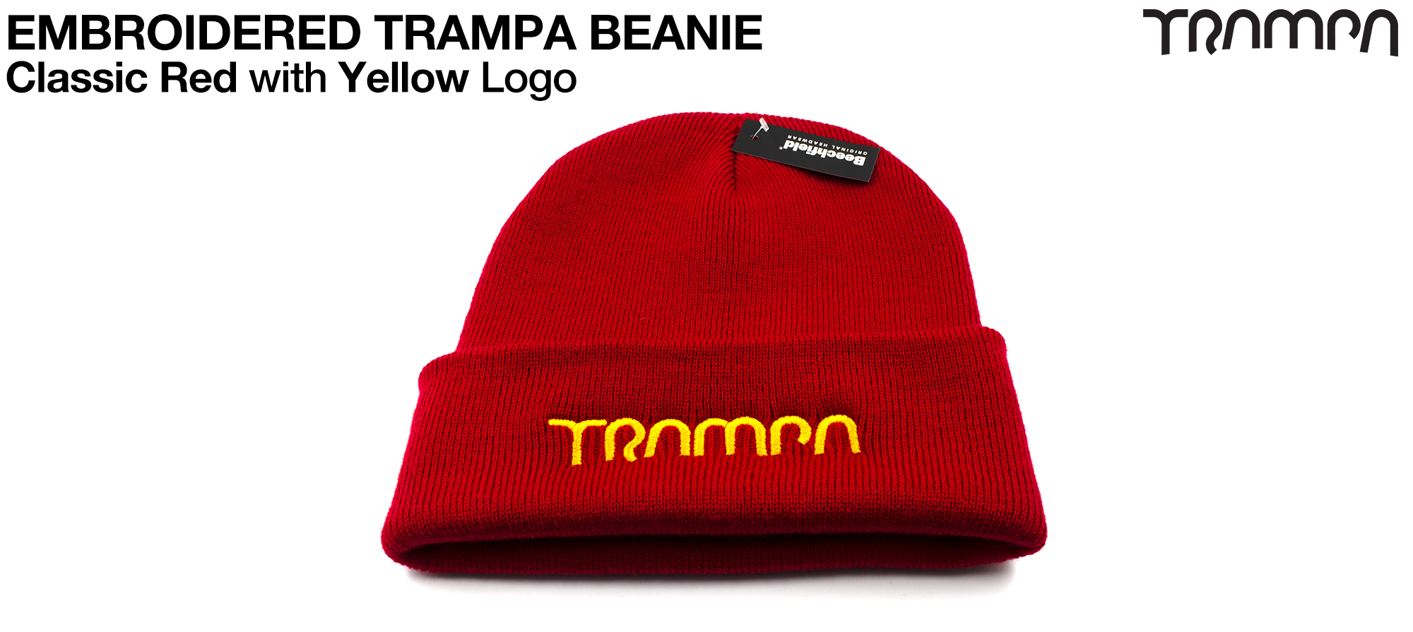 Classic RED Woolly hat with YELLOW embroidered TRAMPA logo - Double thick turn over for extra warmth 